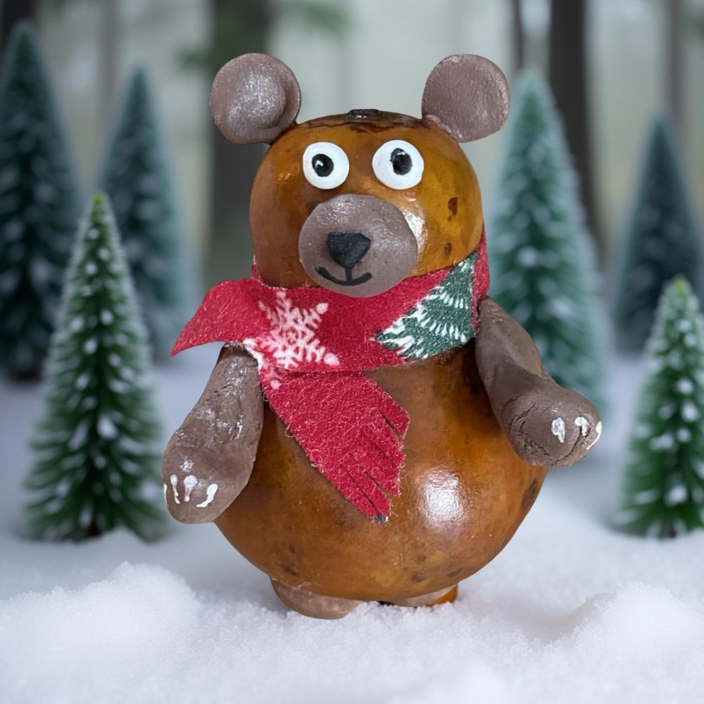 Handcrafted painted brown Christmas Bear gourd air dry clay upcycled red scarf